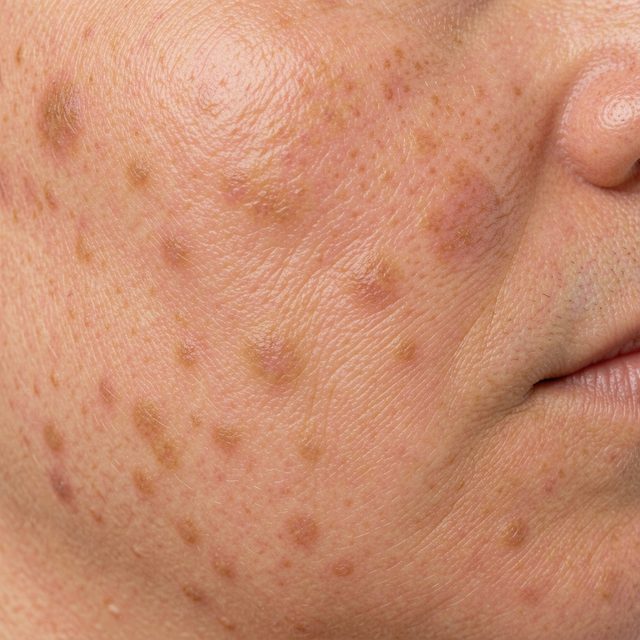 Close-up of skin showing sun damage and discoloration